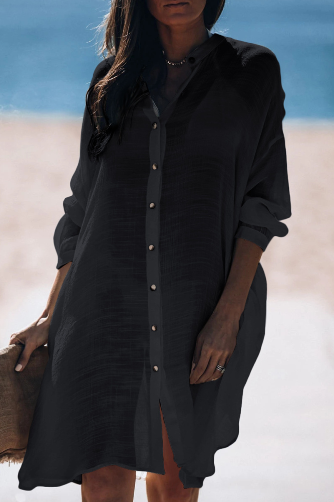 Casual Vacation Solid Color Buckle See-Through Swimwears Cover Up