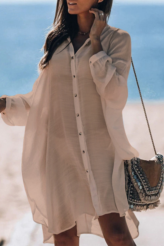 Casual Vacation Solid Color Buckle See-Through Swimwears Cover Up