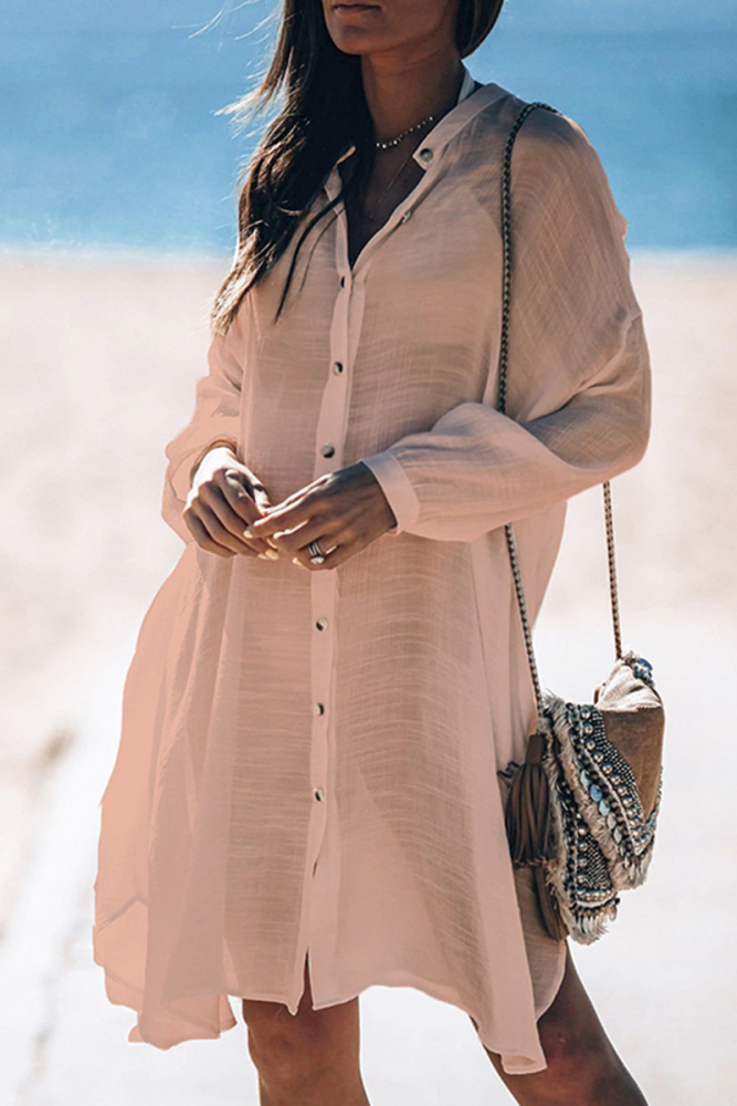 Casual Vacation Solid Color Buckle See-Through Swimwears Cover Up
