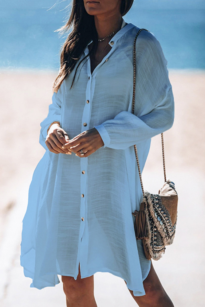 Casual Vacation Solid Color Buckle See-Through Swimwears Cover Up