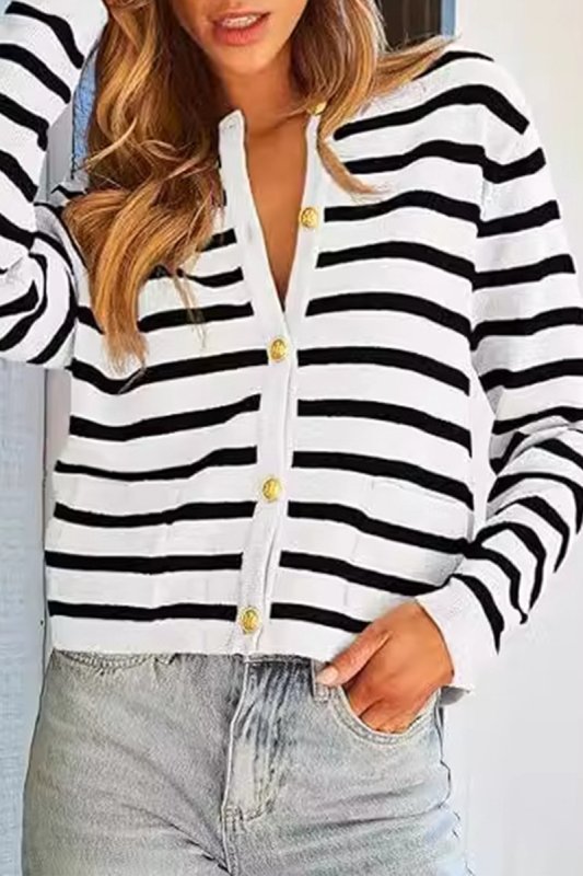 Casual Daily Stripe Buttons Weave O Neck Outerwear