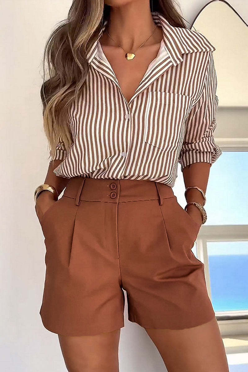 Casual Solid Draw String Fold Turndown Collar Long Sleeve Three Pieces(Shirt vest trousers)