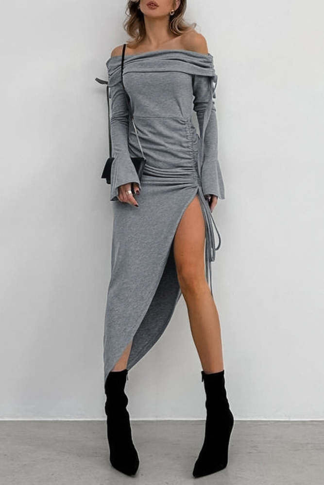 Sexy Solid Color Draw String Off Shoulder Wrapped Skirt Dresses