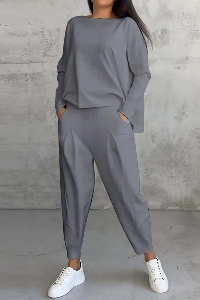 Casual Solid Color Pocket O Neck Long Sleeve Two Pieces(9 Colors)