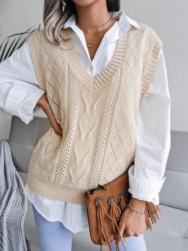 Women's hollow out fried dough twist V-neck knitted vest sweater