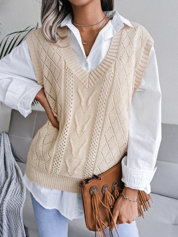 Women's hollow out fried dough twist V-neck knitted vest sweater