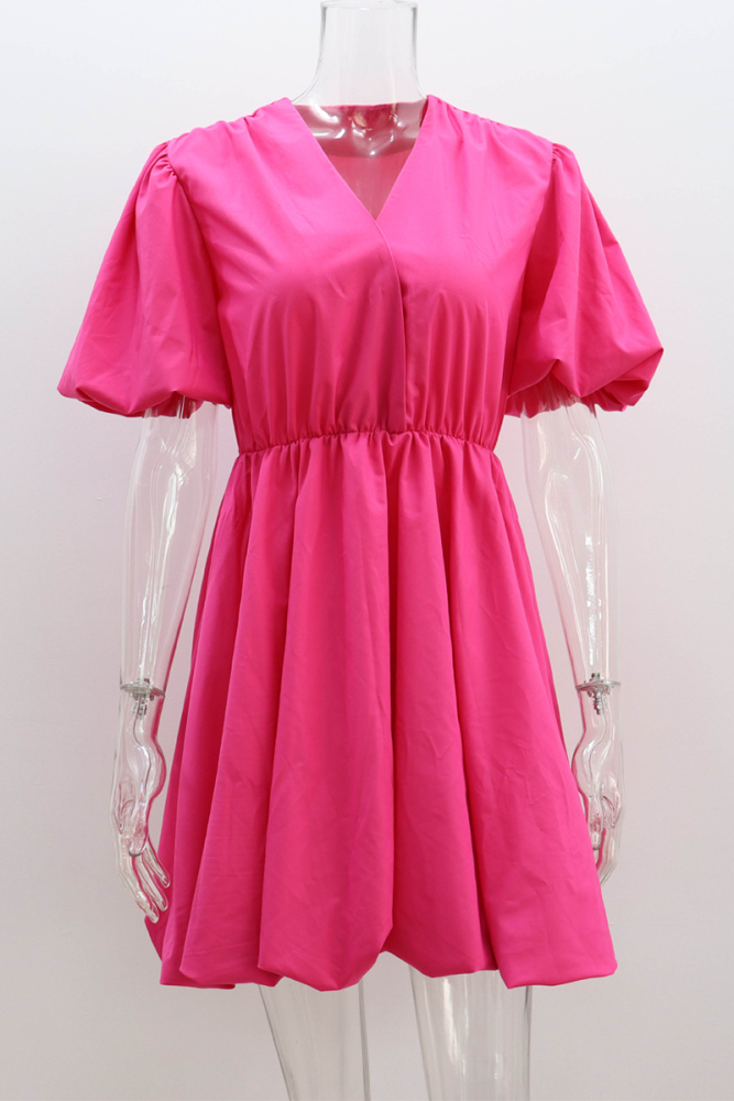 Casual Solid Color Ruched V Neck Princess Short Sleeve Dress(5 Colors)