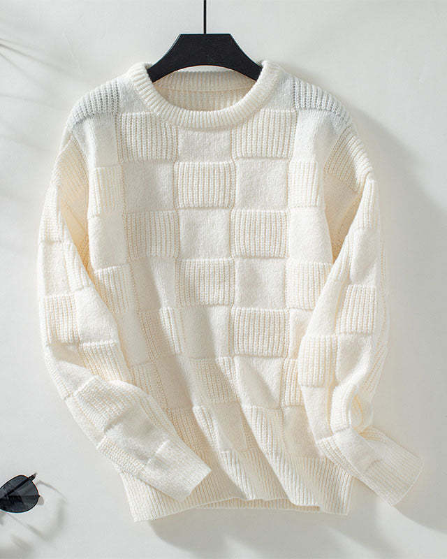 Checkerboard jacquard knit pullover