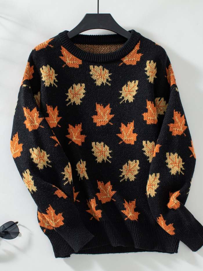 Maple Leaf Jacquard Casual Pullover Sweater
