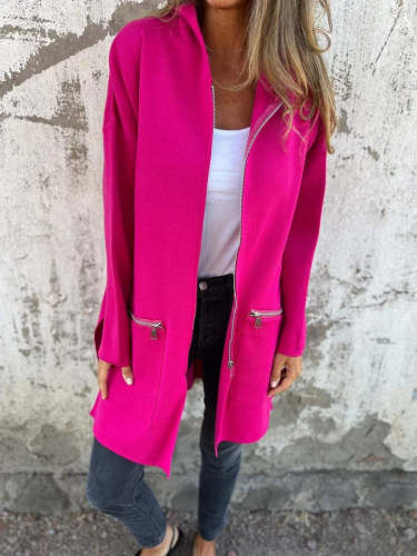 Solid Color Zip-Up Hooded Jacket