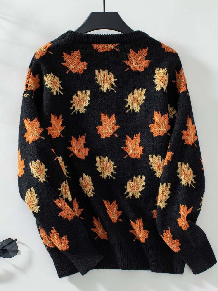 Maple Leaf Jacquard Casual Pullover Sweater
