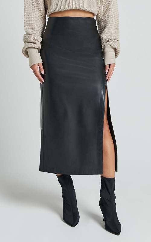 Slit high waist zipper PU leather skirt