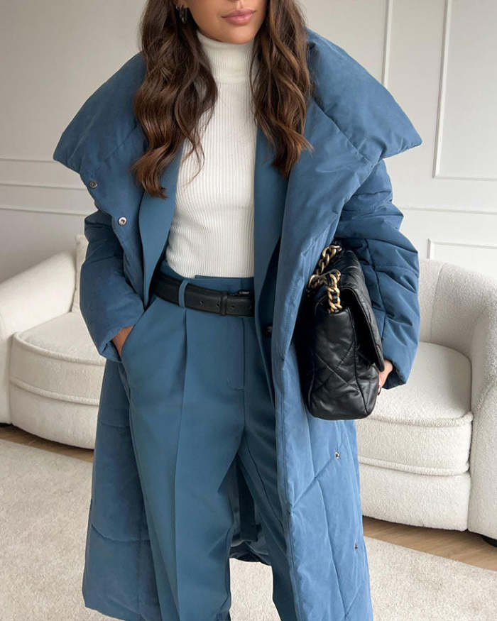 Large lapel tie and belt long cotton coat
