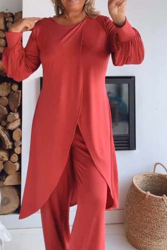 Slit Long Tops Two-piece Pants Suits