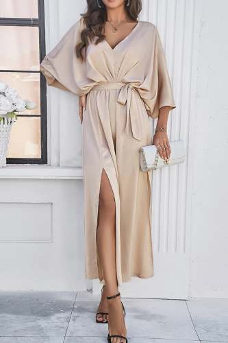 V Neck Tie-waist Slit Dress