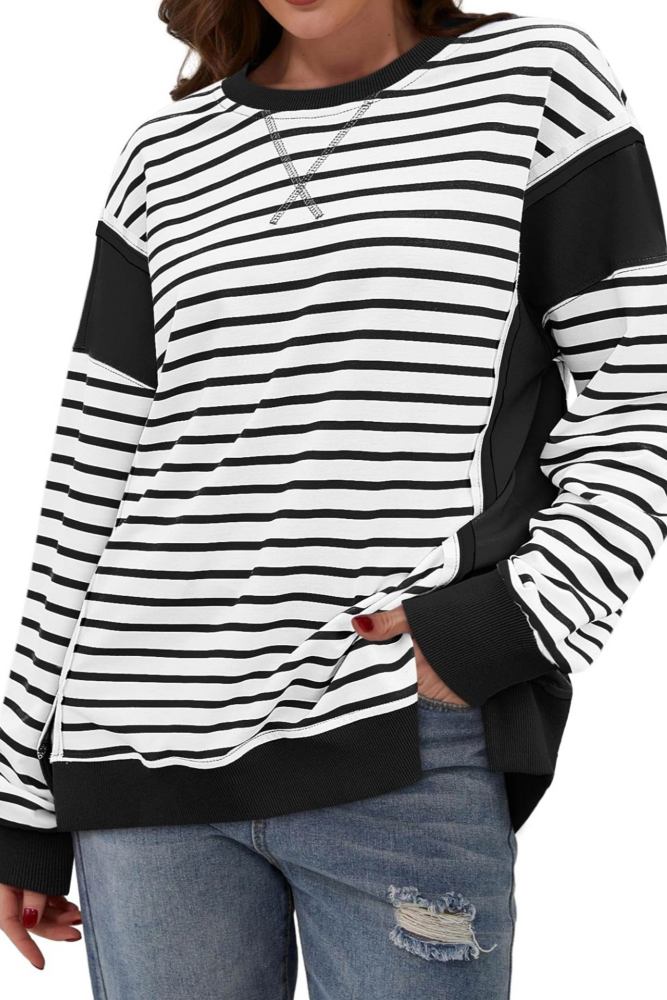 Crew Neck Striped Patchwork Sweatshirt