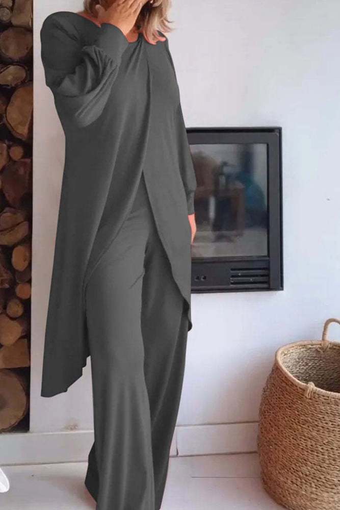 Slit Long Tops Two-piece Pants Suits
