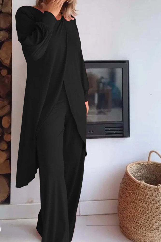 Slit Long Tops Two-piece Pants Suits