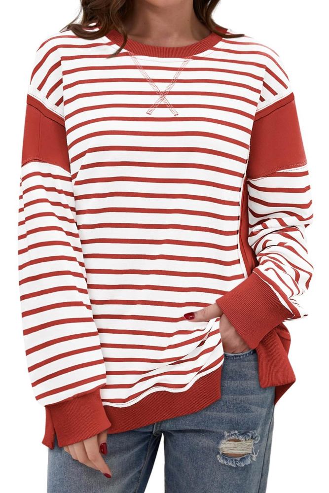 Crew Neck Striped Patchwork Sweatshirt