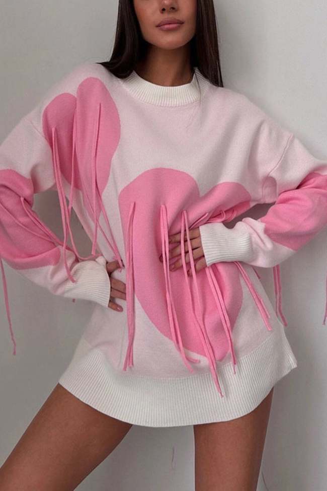 Heart Graphic Fringe Sweater