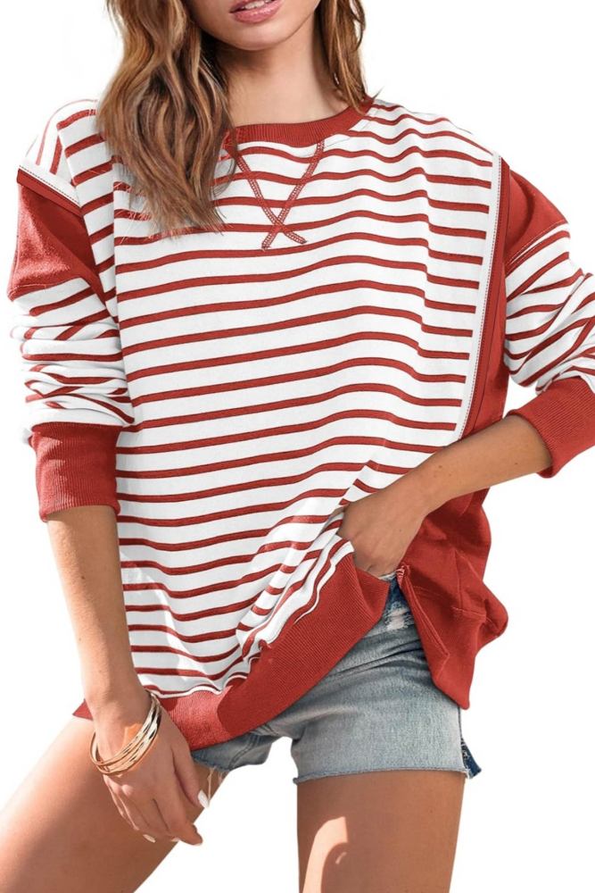 Crew Neck Striped Patchwork Sweatshirt