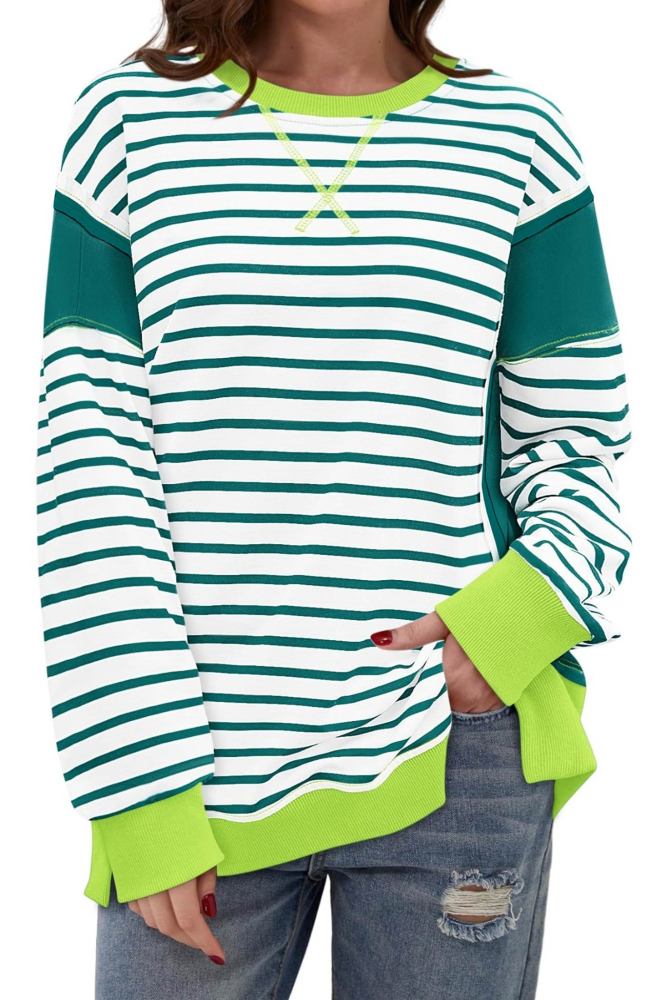 Crew Neck Striped Patchwork Sweatshirt