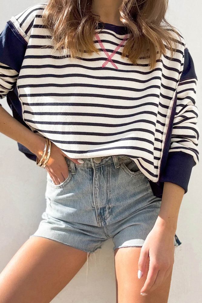 Crew Neck Striped Patchwork Sweatshirt