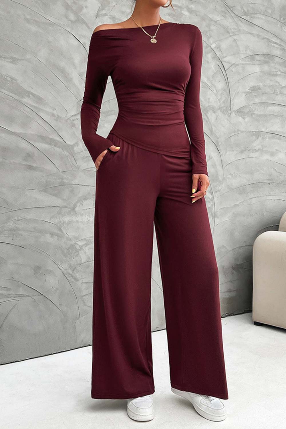 Light Pink Drop Shoulder Crop Pullover Drawstring Wide Leg Pants Set