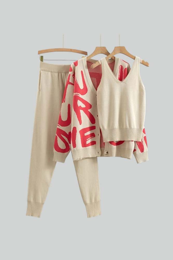 Letter Printed Cardigan Vest Long Pant Three Piece Set