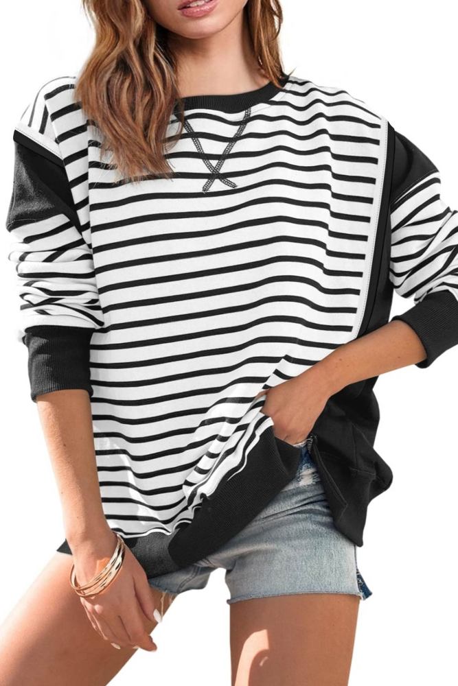Crew Neck Striped Patchwork Sweatshirt
