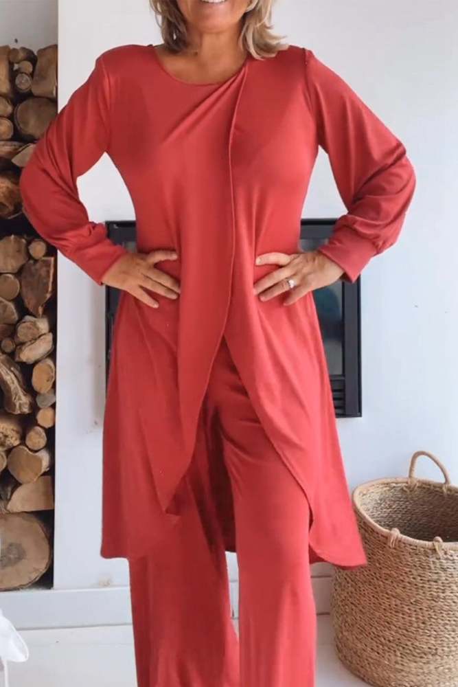 Slit Long Tops Two-piece Pants Suits