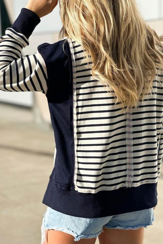 Crew Neck Striped Patchwork Sweatshirt