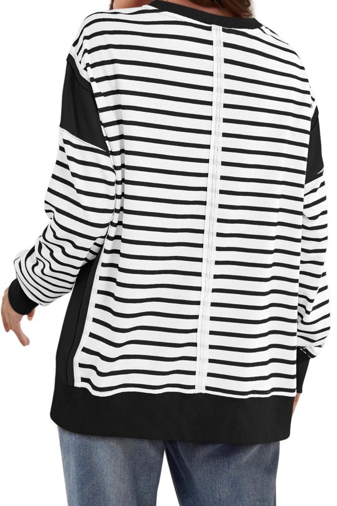 Crew Neck Striped Patchwork Sweatshirt