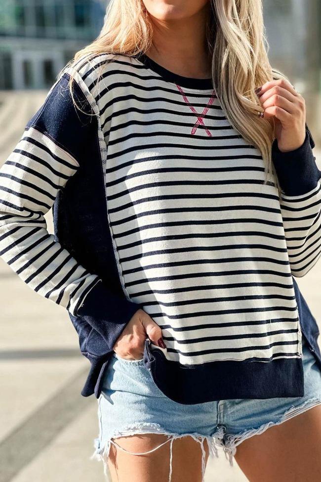 Crew Neck Striped Patchwork Sweatshirt