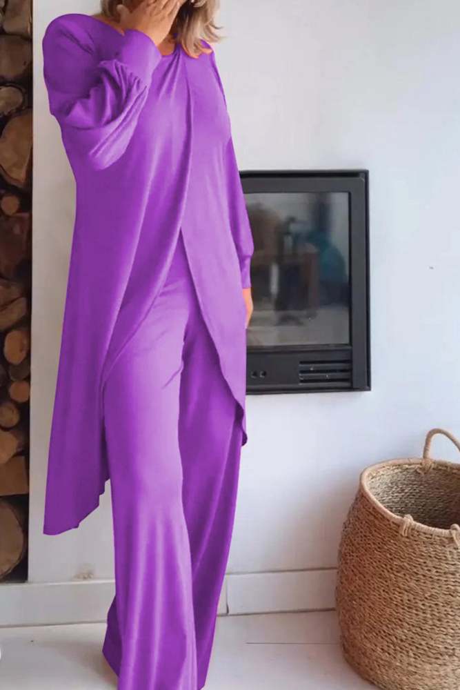 Slit Long Tops Two-piece Pants Suits
