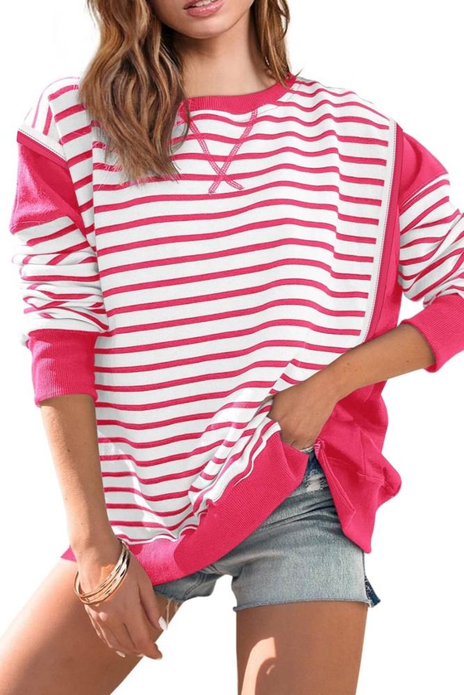 Crew Neck Striped Patchwork Sweatshirt
