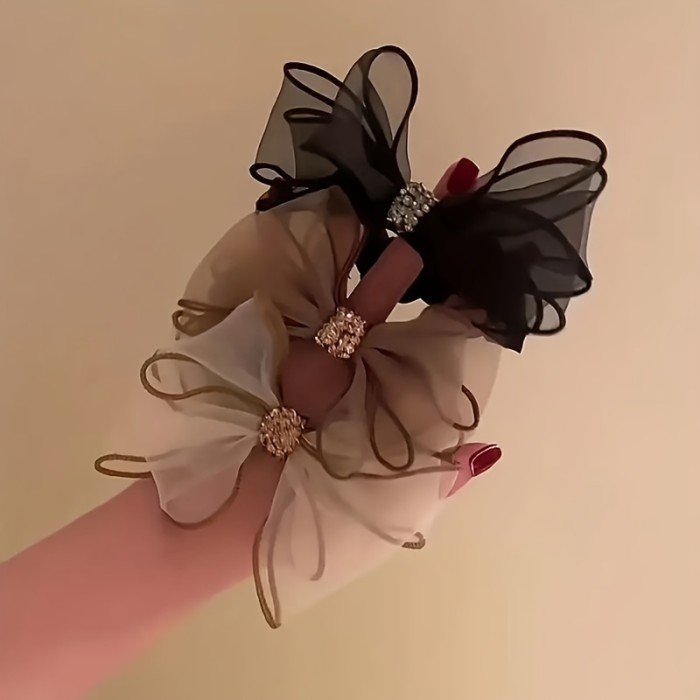 1pc Organza Rhinestone Bowknot Shape Hair Ring High Elastic Leather Band Elegant Trendy Head Rope Nylon Decorative Hair Accessories