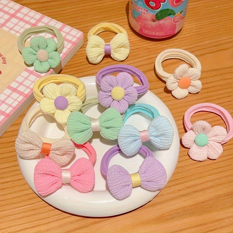 12pcs Candy Color Elastic Hair Ties Flower Decorative Hair Loops Bowknot Decorative Hair Ropes Lovely Hair Barrettes For Women And Daily Use