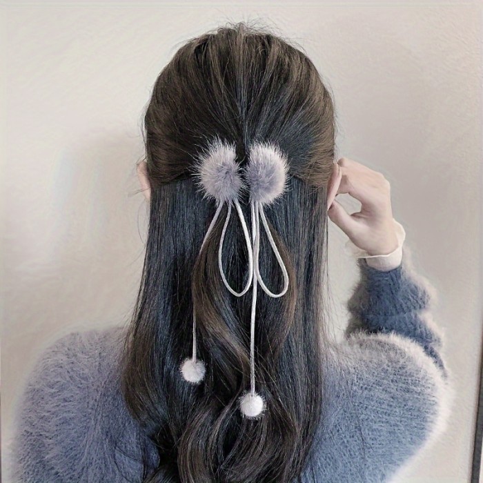 1pc Furry Ball Tassel Hair Claw Clip Black Bow Hair Jaw Clamp Non Slip Hair Clips Hair Grip Autumn Winter Hair Accessories For Women Female