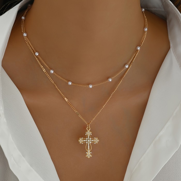 Elegant Multi-Layer Cross Pendant Necklace with Rhinestones - Zinc Alloy, Perfect for Everyday & Vacation Wear
