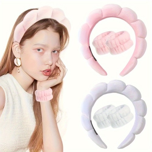 3PCS Spa Headband And Wristbands Set Soft Towel Cloth Fabric Head Band For Women Hairband Washing Face And Makeup Use Hair Accessories Travel Essentials