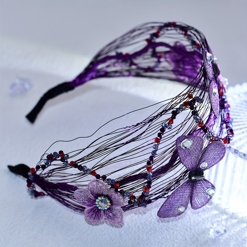 Elegant Purple Handcrafted Iron Alloy Headband with Flower and Butterfly Accents, Fashion Dress-up Hairband for Women, Wedding and Party Accessory - Single Piece A203