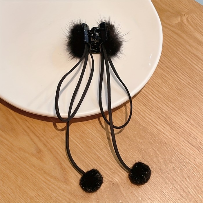 1pc Furry Ball Tassel Hair Claw Clip Black Bow Hair Jaw Clamp Non Slip Hair Clips Hair Grip Autumn Winter Hair Accessories For Women Female