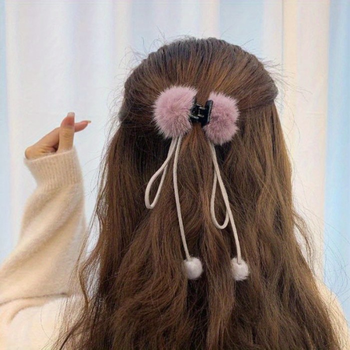1pc Furry Ball Tassel Hair Claw Clip Black Bow Hair Jaw Clamp Non Slip Hair Clips Hair Grip Autumn Winter Hair Accessories For Women Female