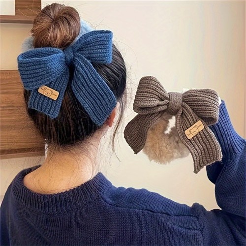 Elegant 3pcs Wool Bow Hair Ties Set - Cozy Knit, Solid Color Scrunchies For Women & Girls, Perfect Daily Accessory Or Gift