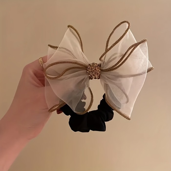 1pc Organza Rhinestone Bowknot Shape Hair Ring High Elastic Leather Band Elegant Trendy Head Rope Nylon Decorative Hair Accessories