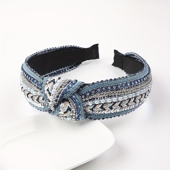 1pc Boho Style Sparkling Rhinestone Decorative Head Band Faux Pearl Knotted Head Hoop Non Slip Head Band For Women And daily use