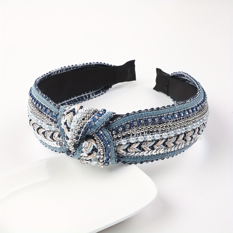 1pc Boho Style Sparkling Rhinestone Decorative Head Band Faux Pearl Knotted Head Hoop Non Slip Head Band For Women And daily use