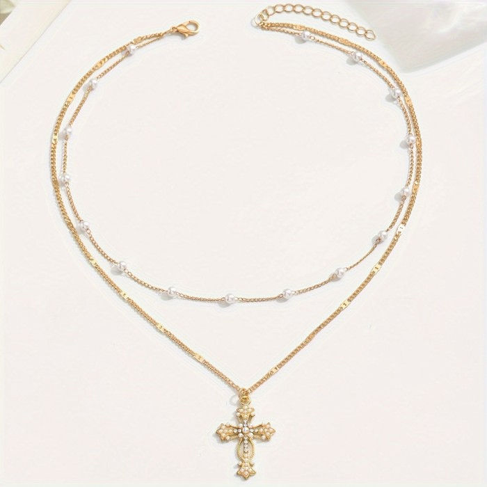 Elegant Multi-Layer Cross Pendant Necklace with Rhinestones - Zinc Alloy, Perfect for Everyday & Vacation Wear