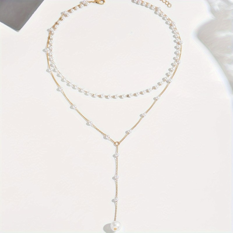 Elegant Vintage Style Double-Layer Pendant Necklace with Imitation Pearl Accents and Tassel Drop, Zinc Alloy Chain Necklace for Daily and Party Occasions - 1pc